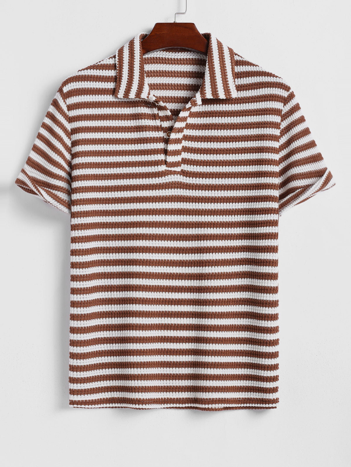 Men's Contrast Striped Polo Collar Half Buttoned Knit Short Sleeves T-shirt
