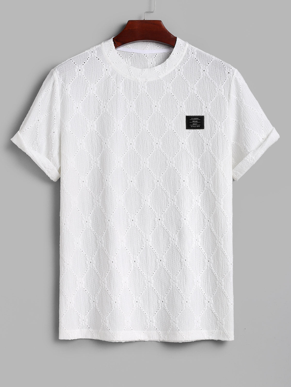 Men's Lace Openwork Argyle Jacquard Textured Patch Design Crew Neck Short Sleeves T-shirt
