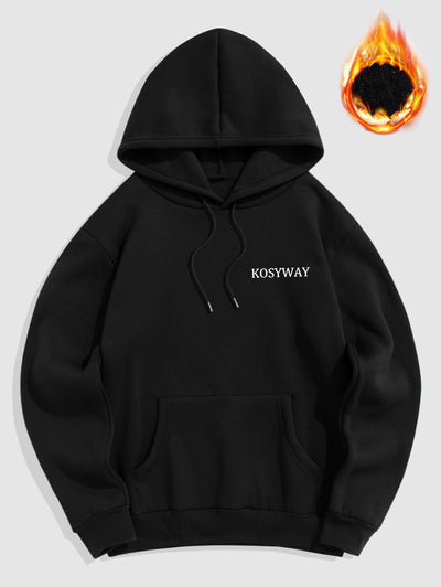 Men's Letter KOSYWAY Pattern Fuzzy Fleece-lined Kangaroo Pocket Design Pullover Hoodie