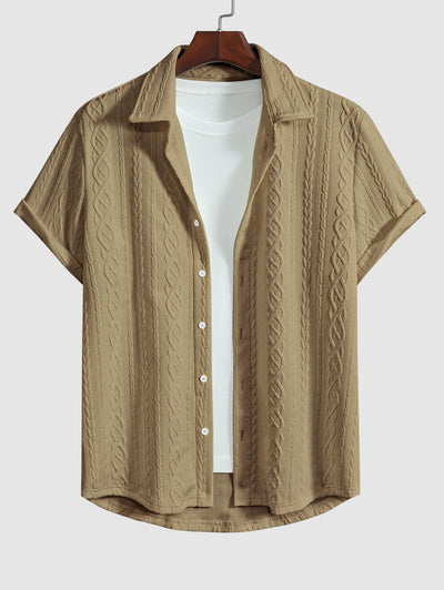 Men's Solid Color Cable Knit Jacquard Textured Button Up Short Sleeves Shirt