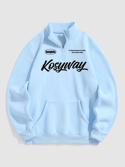 Men's Casual Kosyway Letter Printed Fuzzy Fleece-lined Half Zip Stand Collar Kangaroo Pocket Design Pullover Sweatshirt