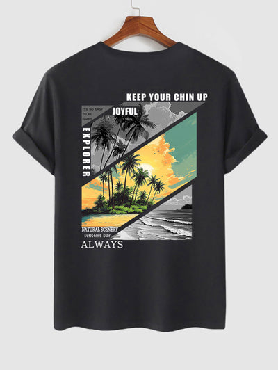 Men's Natural Scenery Palm Tree Sea Sun Letter Graphic Printed Casual Beach Crew Neck Short Sleeves T-shirt