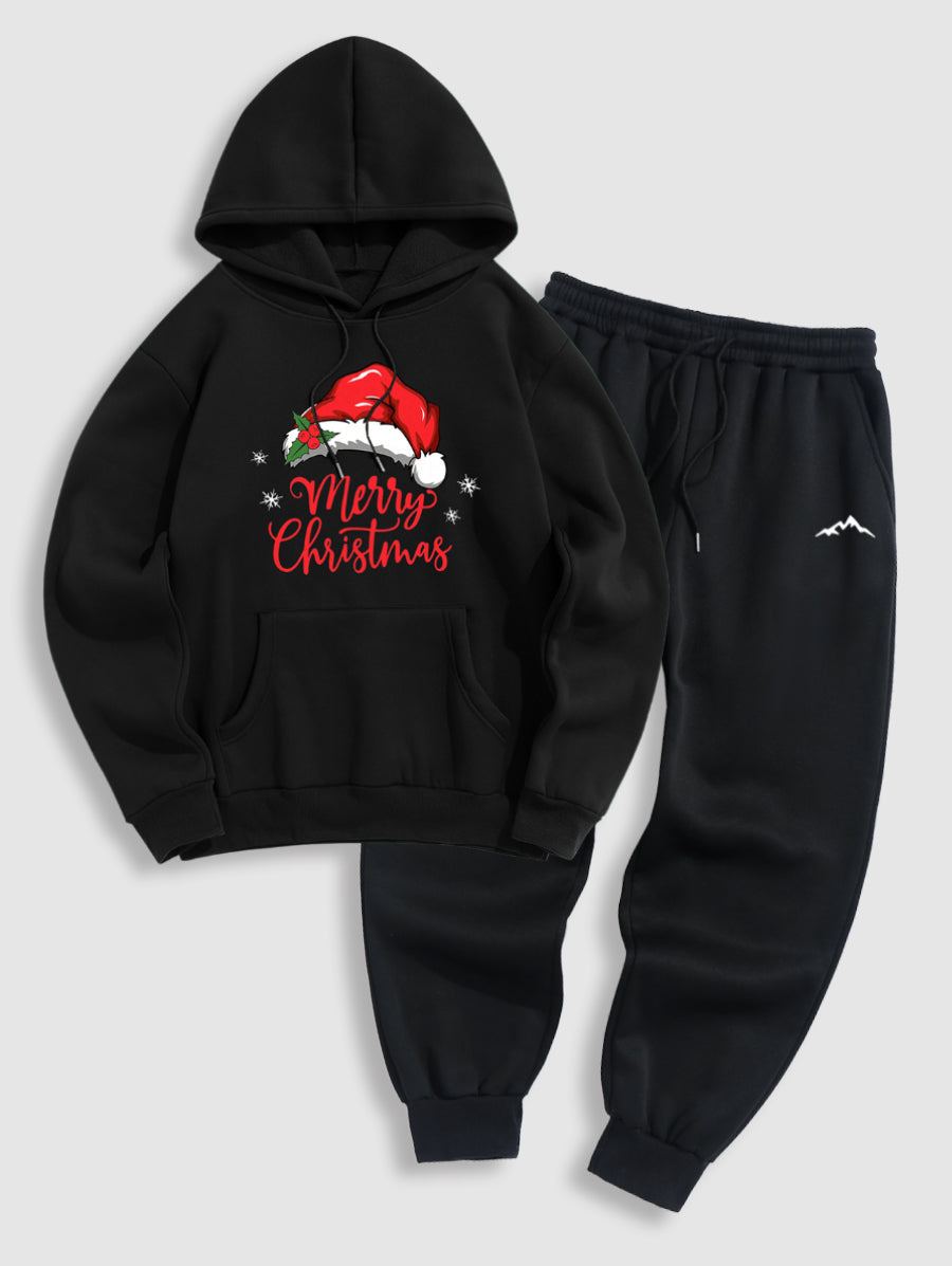 Men's Letter Christmas Hat Snowflake Pattern Fuzzy Fleece-lined Kangaroo Pocket Design Pullover Hoodie And Drawstring Jogger Sweatpants Set