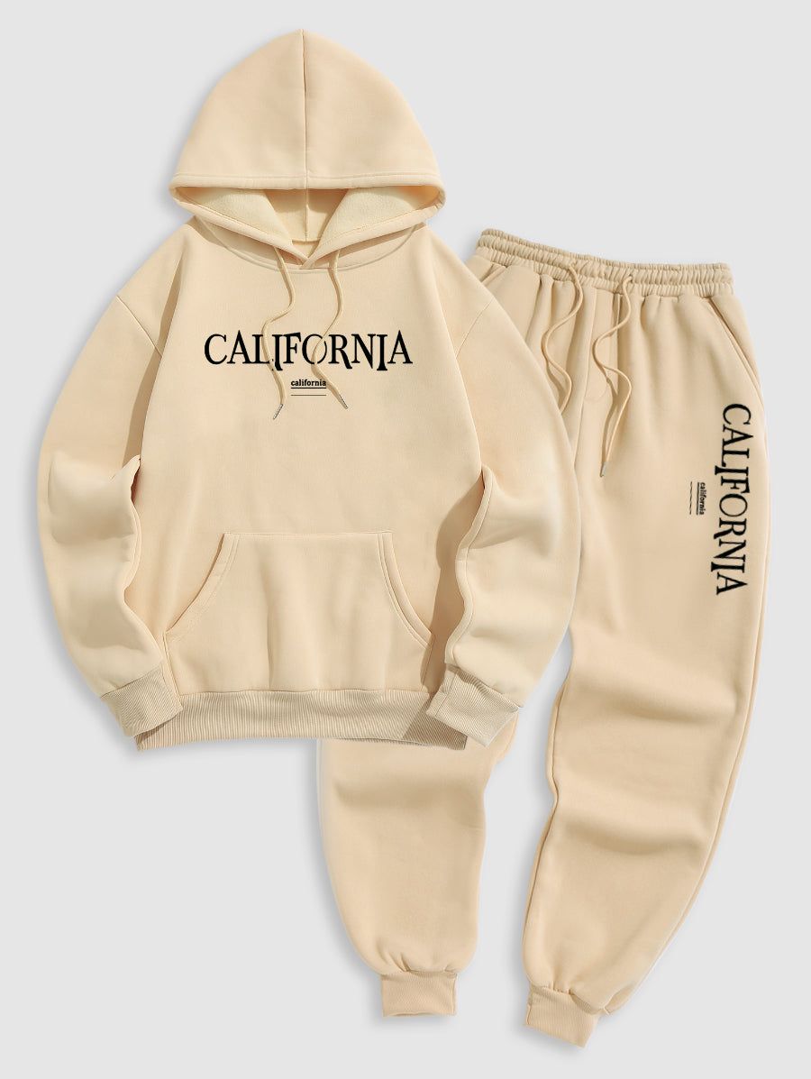 Men's Casual Letter California Pattern Fuzzy Fleece-lined Kangaroo Pocket Design Pullover Hoodie Set