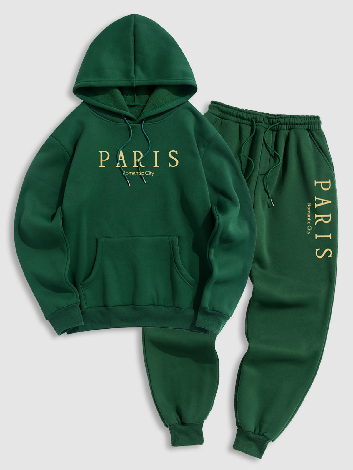 Men's Casual Letter PARIS Romantic City Pattern Fuzzy Fleece-lined Kangaroo Pocket Design Pullover Hoodie Set