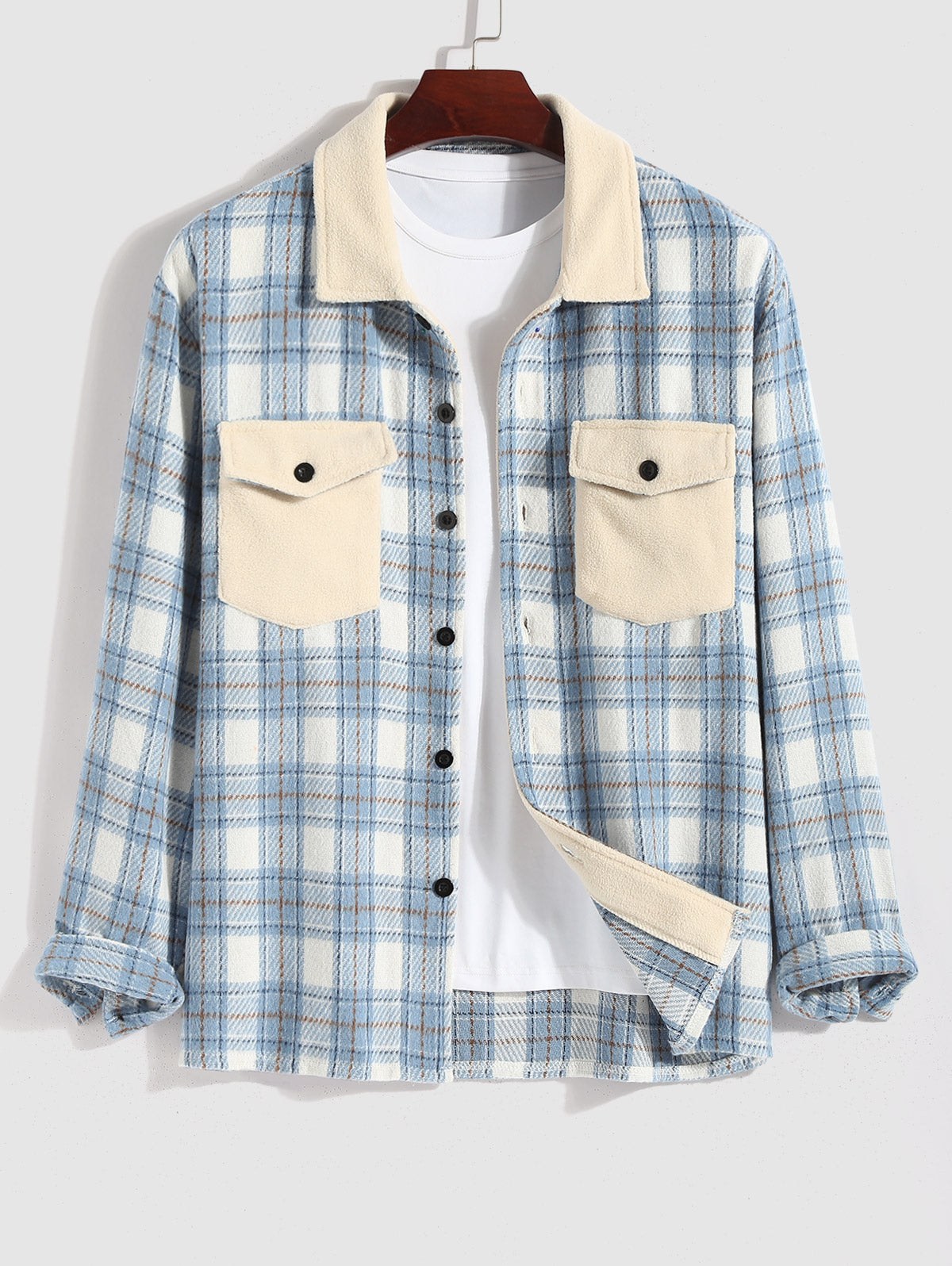 Men's Casual Plaid Pattern Flap Pocket Button Front Contract Color Collar Woolen Shacket Jeans Set