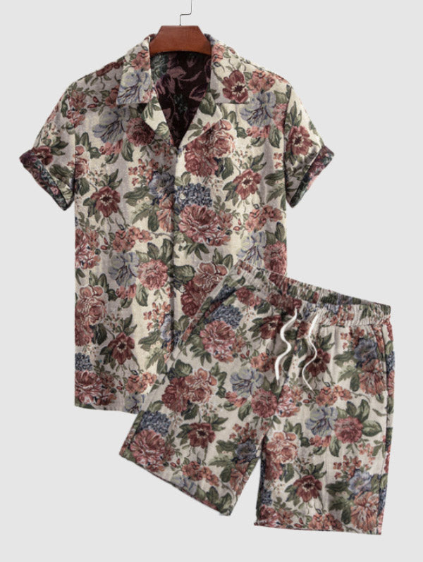 Men's Cotton And Linen Textured Floral Pattern Camp Collar Button Up Short Sleeves Shirt And Drawstring Casual Shorts Set