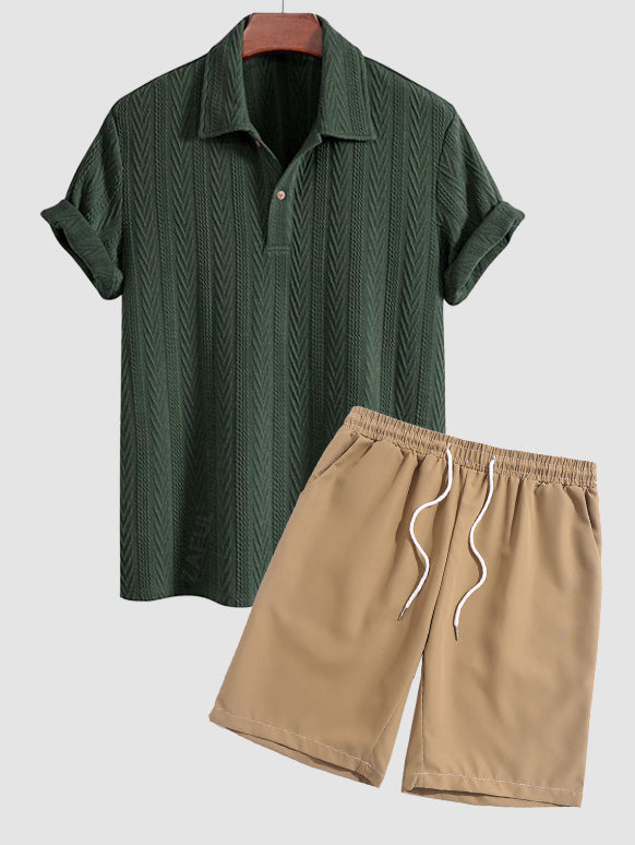Men's Jacquard Textured Polo Collar Half Buttoned Short Sleeves T-shirt And Drawstring Casual Shorts Set