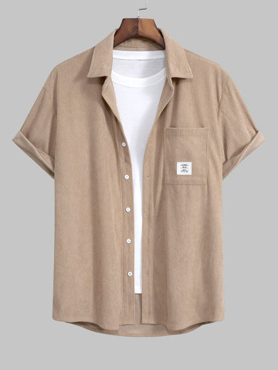 Men's Corduroy Pocket Patch Design Button Up Short Sleeves Shirt