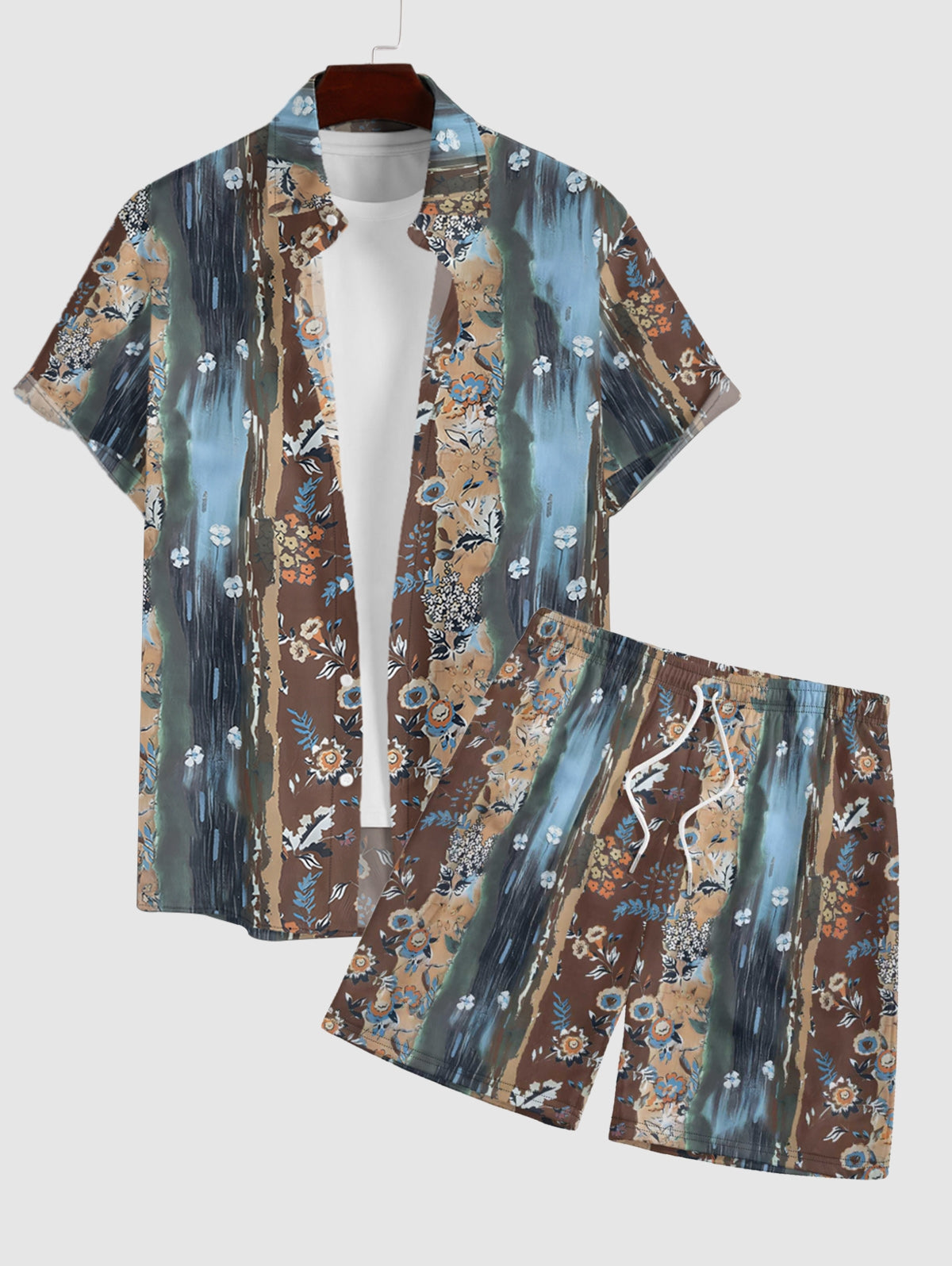 Men's Colorblock Brush Painting Tiny Floral Pattern Button Up Short Sleeves Shirt And Drawstring Shorts Set