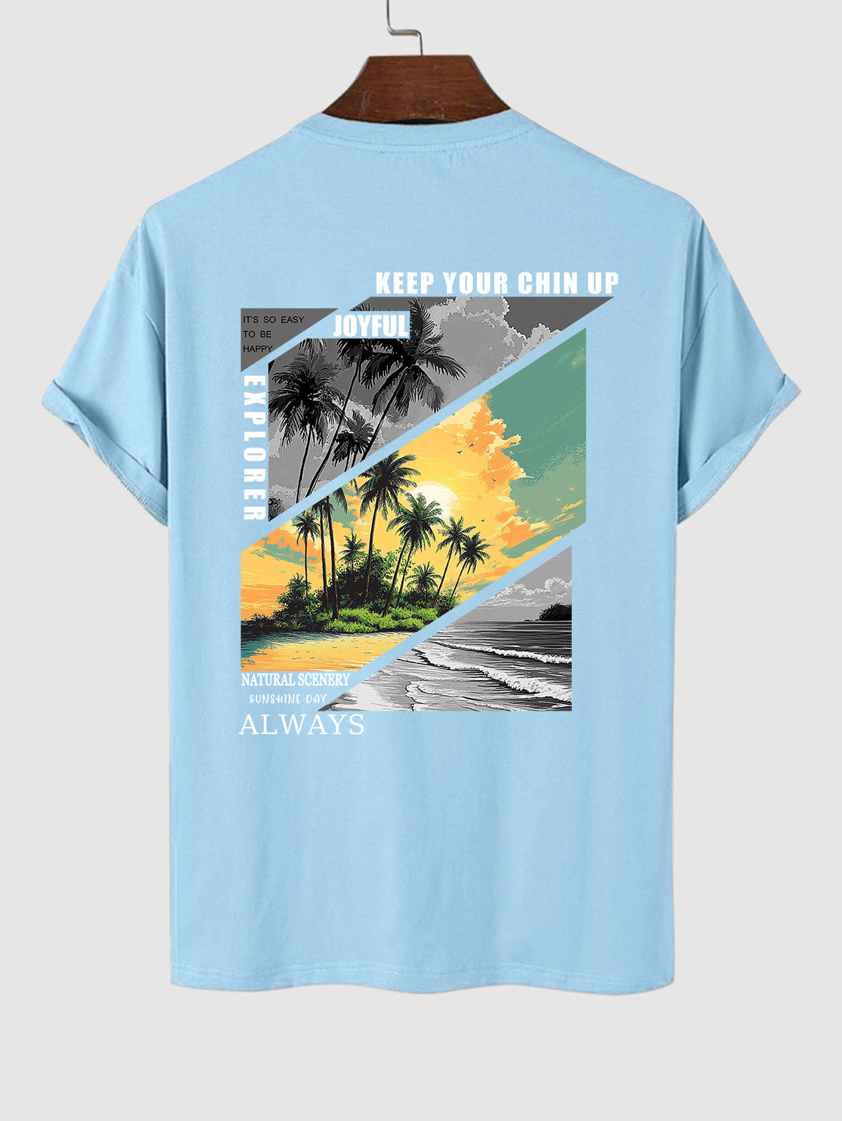 Men's Natural Scenery Palm Tree Sea Sun Letter Graphic Printed Casual Beach Crew Neck Short Sleeves T-shirt