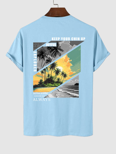 Men's Natural Scenery Palm Tree Sea Sun Letter Graphic Printed Casual Beach Crew Neck Short Sleeves T-shirt