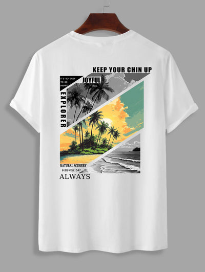 Men's Natural Scenery Palm Tree Sea Sun Letter Graphic Printed Casual Beach Crew Neck Short Sleeves T-shirt