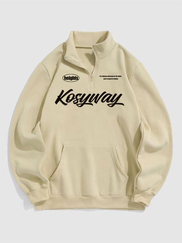 Men's Casual Kosyway Letter Printed Fuzzy Fleece-lined Half Zip Stand Collar Kangaroo Pocket Design Pullover Sweatshirt