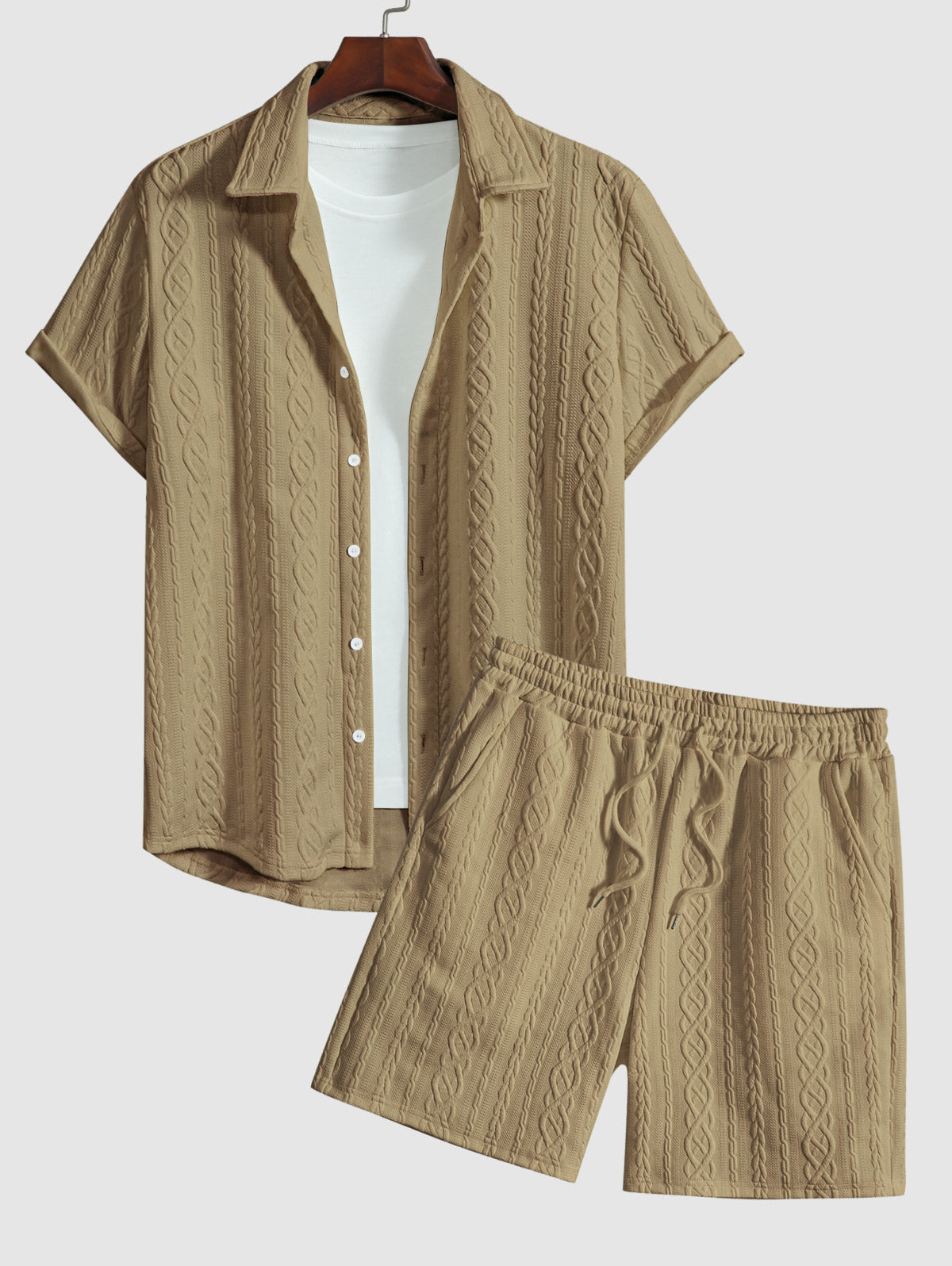 Men's Solid Color Cable Knit Jacquard Textured Button Up Short Sleeves Shirt And Drawstring Shorts Set