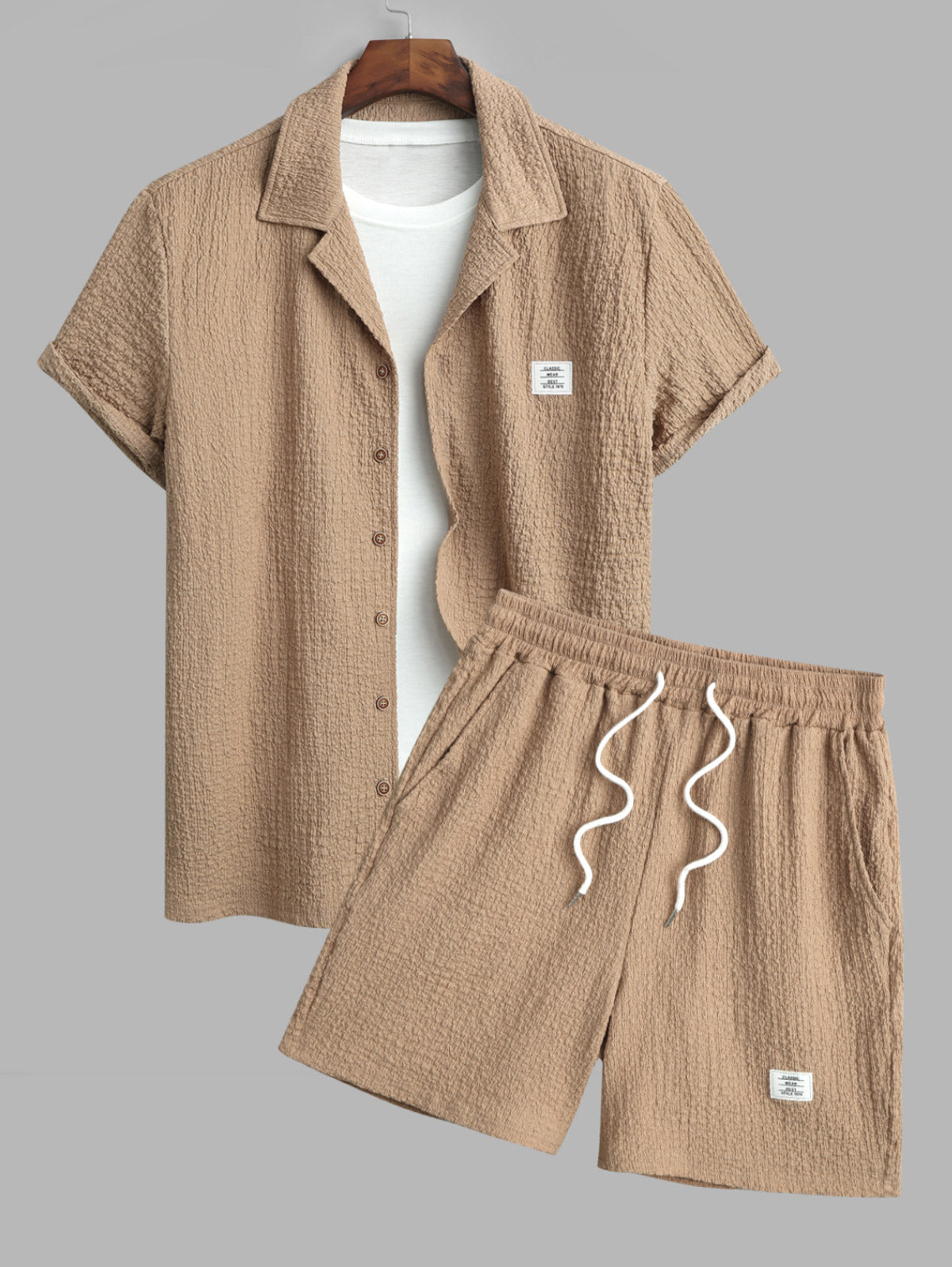 Men's Jacquard Textured Patch Design Camp Collar Button Up Short Sleeves Shirt And Drawstring Casual Shorts Set
