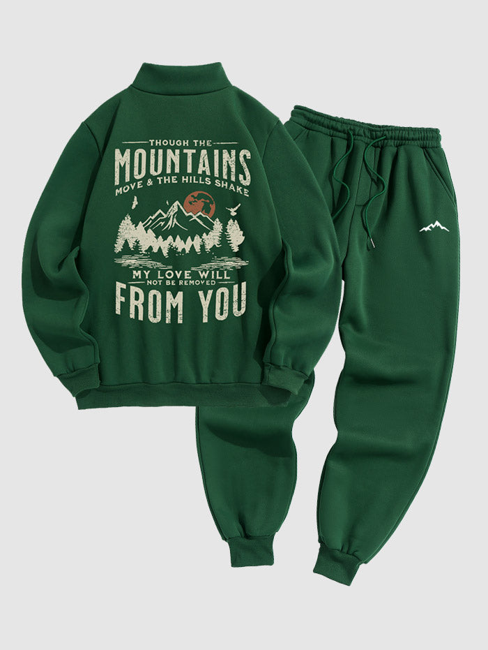 Men's Letter Mountain Sun Bird Printed Fuzzy Fleece-lined Half Zip Stand Collar Kangaroo Pocket Design Pullover Sweatshirt And Drawstring Jogger Sweatpants Set