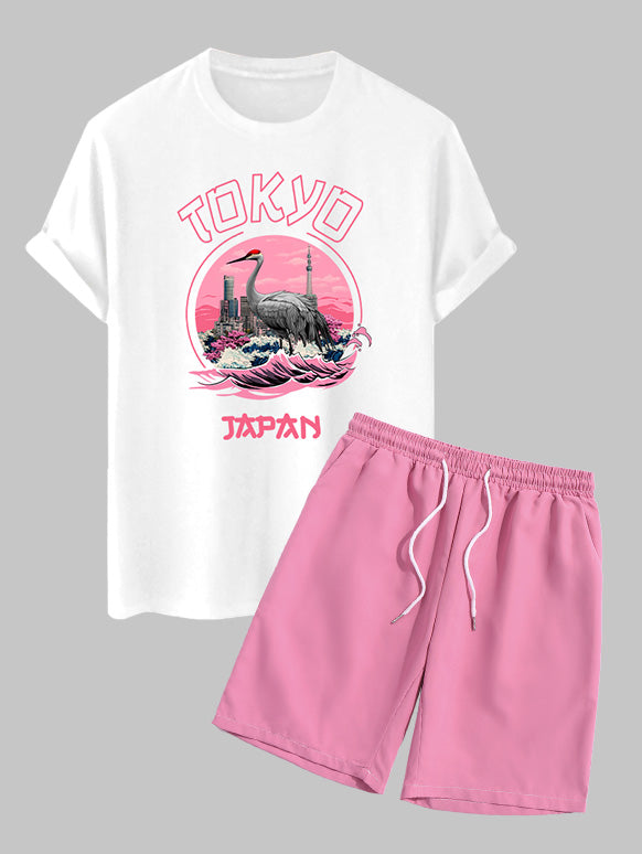 Men's Tokyo Japan Floral Crane Graphic Printed Crew Neck Short Sleeves T-shirt And Drawstring Casual Shorts Sets