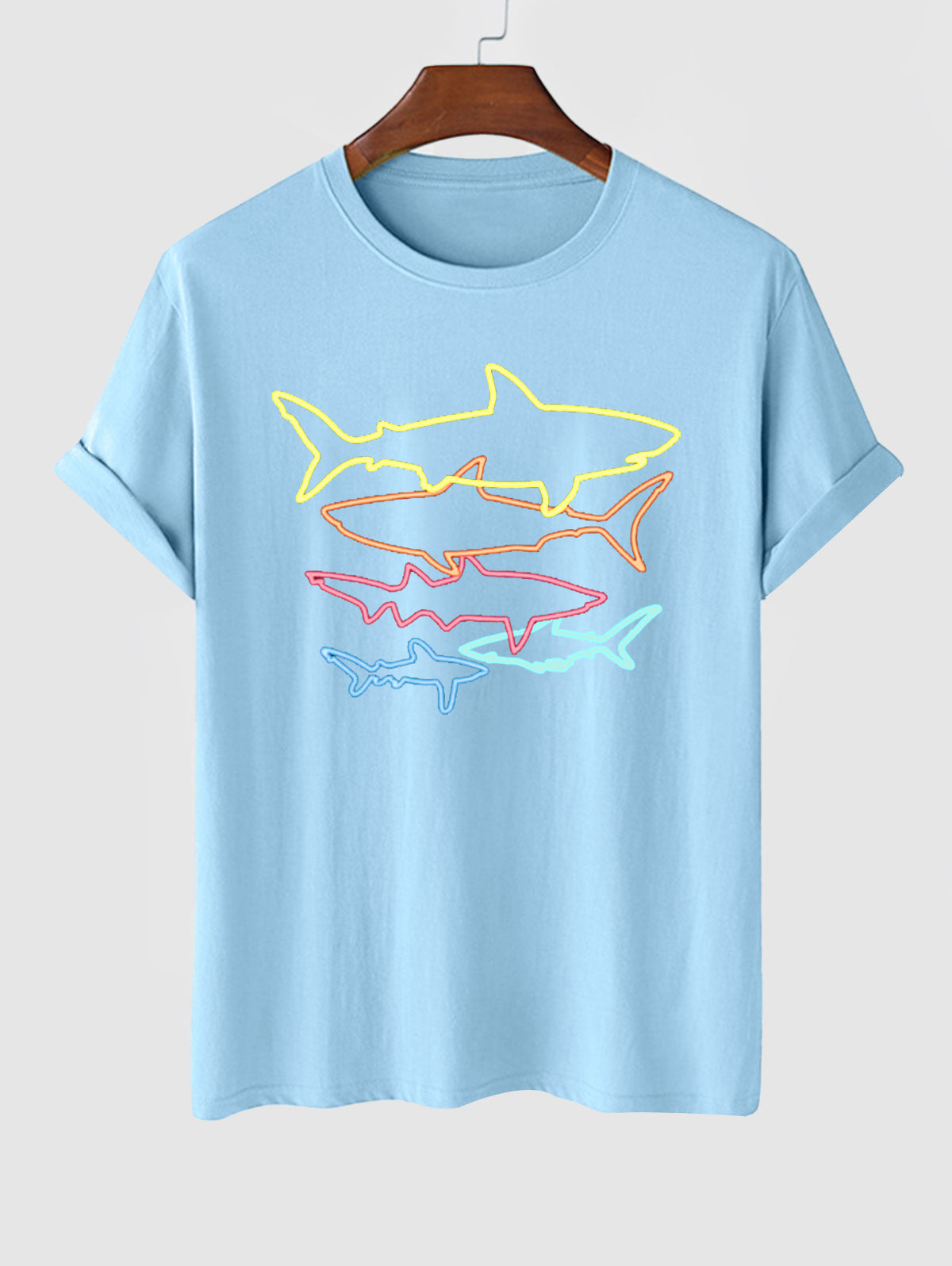 Men's Colorful Shark Fish Pattern Printed Crew Neck Short Sleeves T-shirt