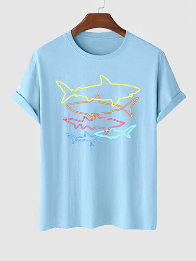 Men's Colorful Shark Fish Pattern Printed Crew Neck Short Sleeves T-shirt