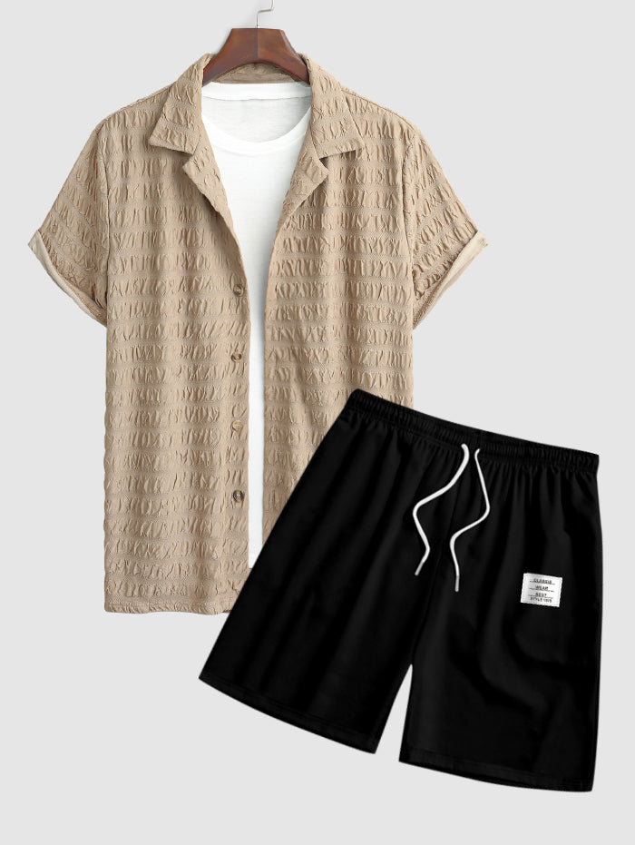 Men's Casual Jacquard Textured Camp Collar Button Up Short Sleeves Shirt And Letter Patch Desigh Drawstring Shorts Set