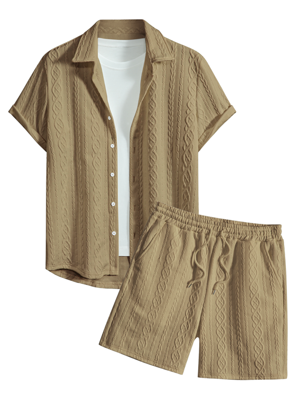 Men's Solid Color Cable Knit Jacquard Textured Button Up Short Sleeves Shirt And Drawstring Shorts Set
