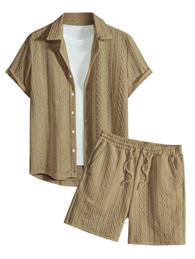 Men's Solid Color Cable Knit Jacquard Textured Button Up Short Sleeves Shirt And Drawstring Shorts Set