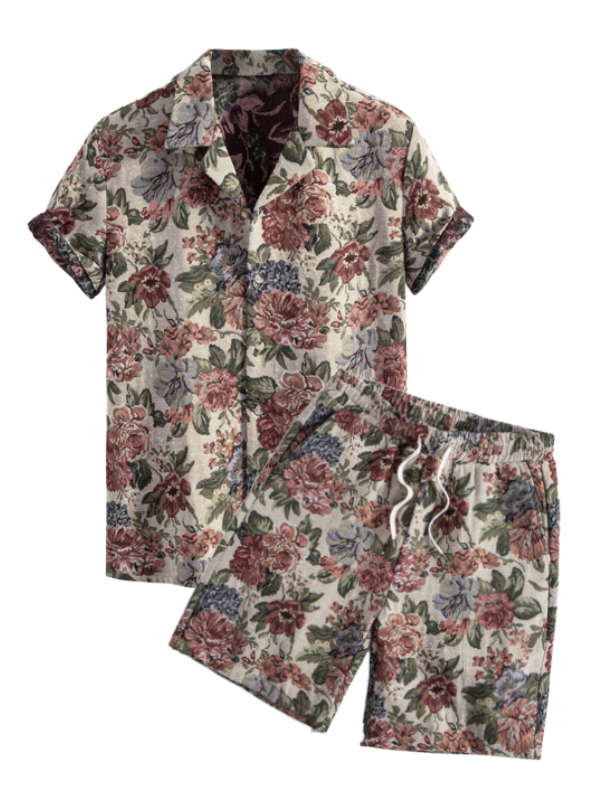 Men's Cotton And Linen Textured Floral Pattern Camp Collar Button Up Short Sleeves Shirt And Drawstring Casual Shorts Set