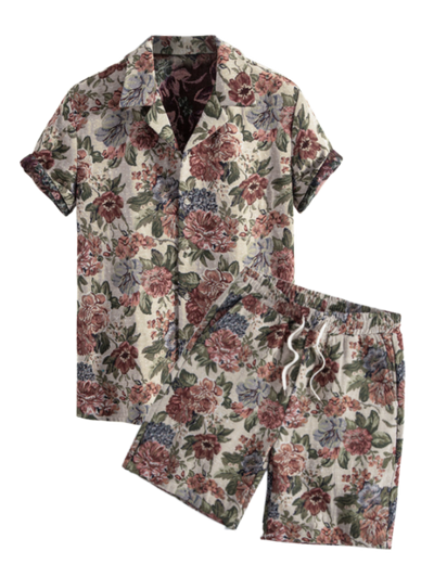 Men's Cotton And Linen Textured Floral Pattern Camp Collar Button Up Short Sleeves Shirt And Drawstring Casual Shorts Set