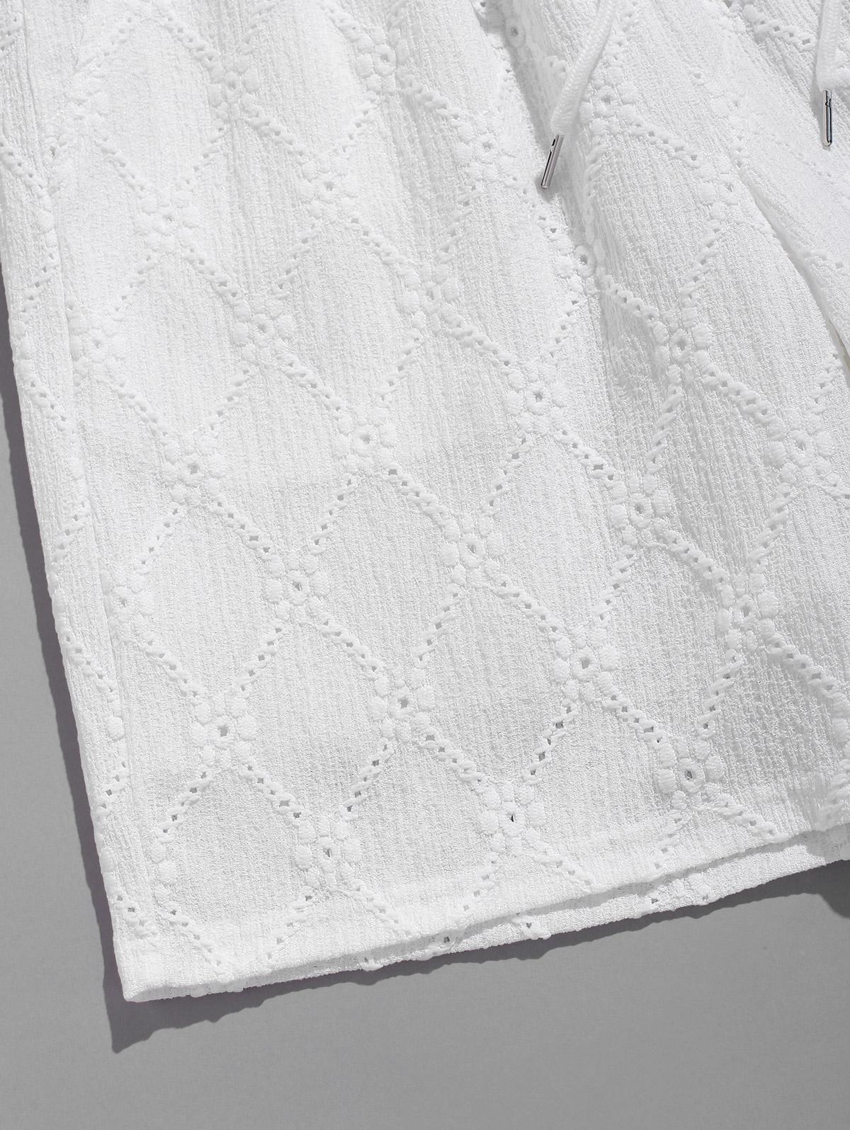 Men's Lace Openwork Argyle Jacquard Textured Patch Design Crew Neck Short Sleeves T-shirt And Drawstring Casual Shorts Set
