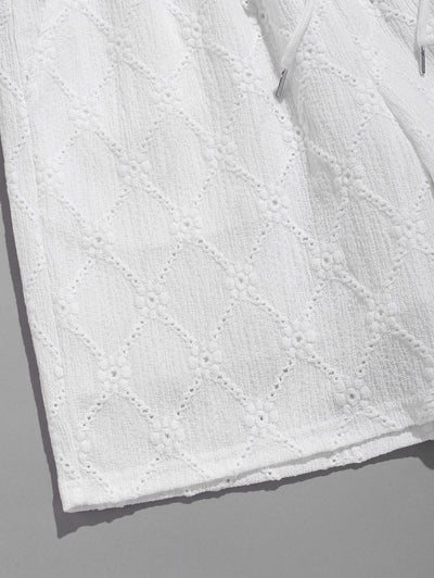 Men's Lace Openwork Argyle Jacquard Textured Patch Design Crew Neck Short Sleeves T-shirt And Drawstring Casual Shorts Set