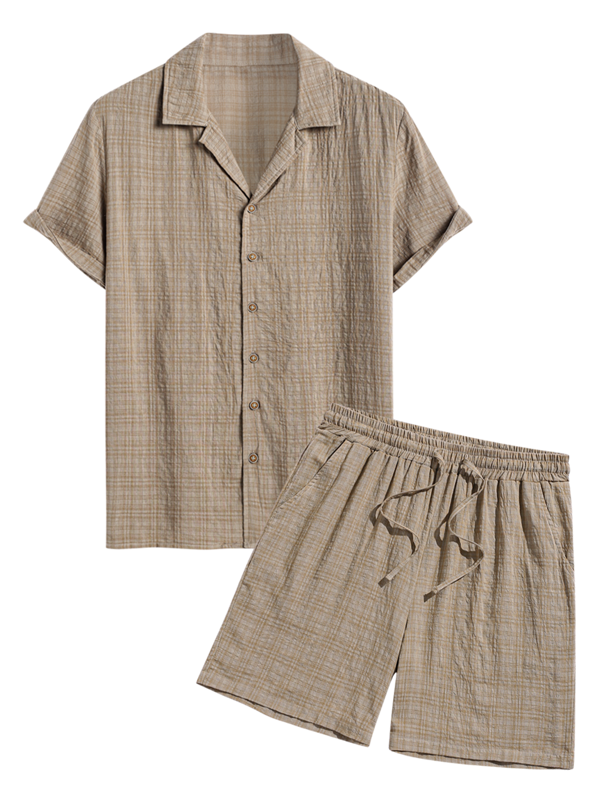 Men's Cotton And Linen Textured Grid Camp Collar Button Up Short Sleeves Shirt And Drawstring Casual Shorts Set