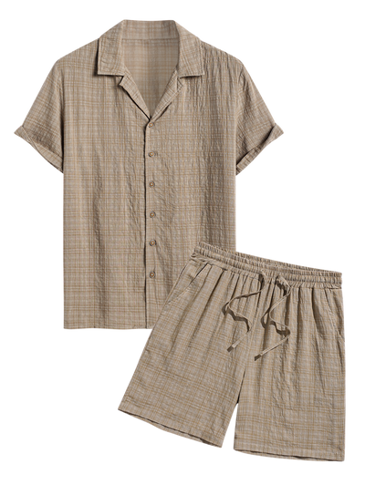Men's Cotton And Linen Textured Grid Camp Collar Button Up Short Sleeves Shirt And Drawstring Casual Shorts Set