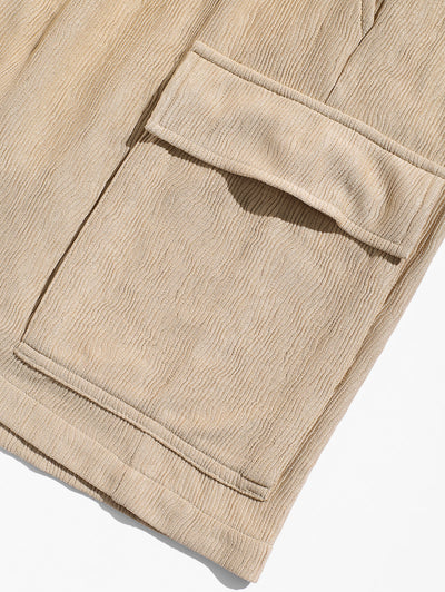 Men's Casual Bark Wrinkle Textured Front Pocket Button Up Short Sleeves Shirt And Drawstring Shorts Set