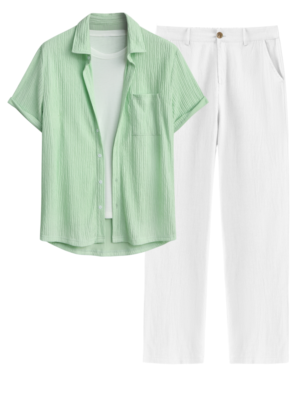 Men's Casual Wrinkle Textured Pocket Design Button Up Short Sleeves Shirt And Cotton and Linen Straight Leg Pants Set