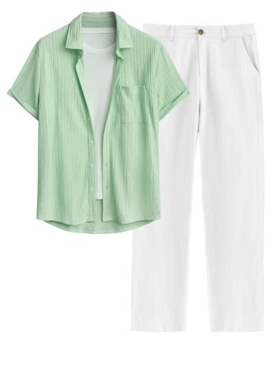 Men's Casual Wrinkle Textured Pocket Design Button Up Short Sleeves Shirt And Cotton and Linen Straight Leg Pants Set