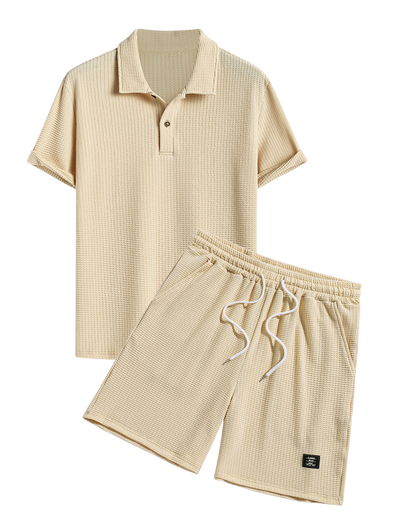 Men's Casual Jacquard Textured Polo Collar Half Buttoned Short Sleeves T-shirt And Patch Design Drawstring Shorts Set