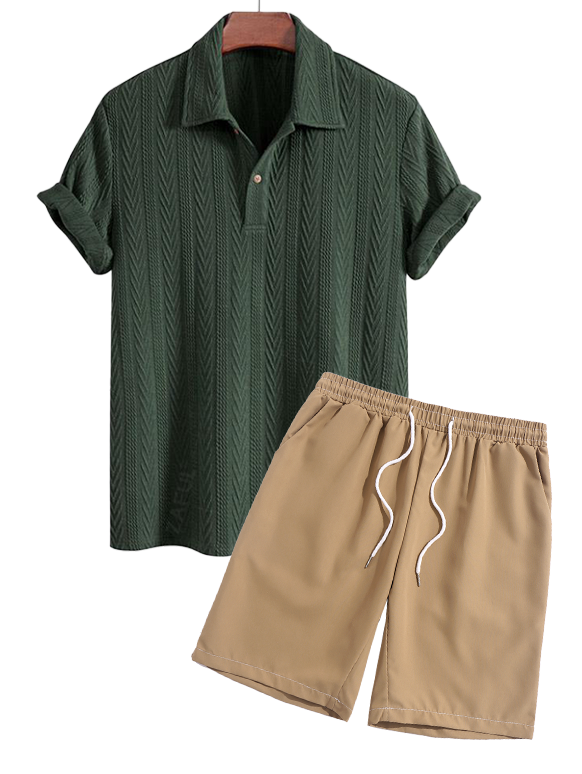 Men's Jacquard Textured Polo Collar Half Buttoned Short Sleeves T-shirt And Drawstring Casual Shorts Set