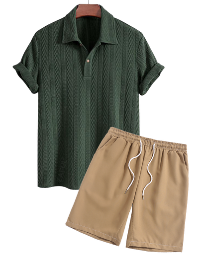 Men's Jacquard Textured Polo Collar Half Buttoned Short Sleeves T-shirt And Drawstring Casual Shorts Set