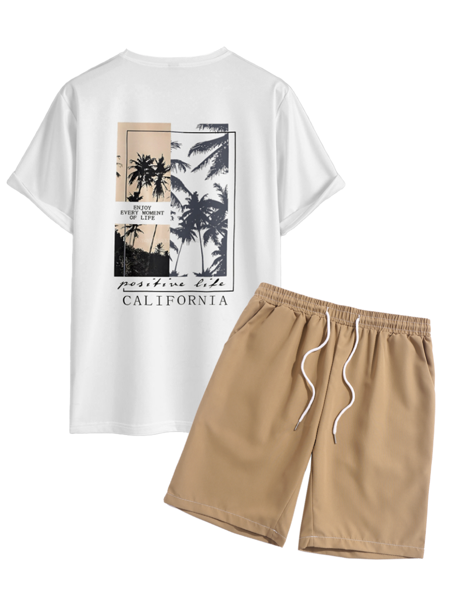 Men's Letter Palm Tree Graphic Printed Crew Neck Short Sleeves T-shirt And Drawstring Casual Shorts Set
