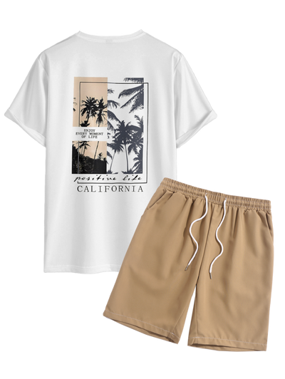 Men's Letter Palm Tree Graphic Printed Crew Neck Short Sleeves T-shirt And Drawstring Casual Shorts Set