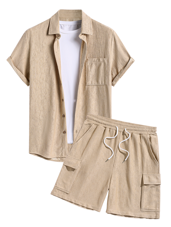 Men's Casual Bark Wrinkle Textured Front Pocket Button Up Short Sleeves Shirt And Drawstring Shorts Set