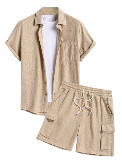 Men's Casual Bark Wrinkle Textured Front Pocket Button Up Short Sleeves Shirt And Drawstring Shorts Set