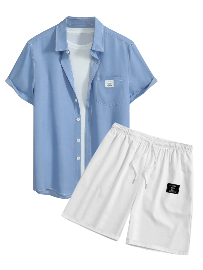 Men's Casual Letter Patch Design Pocket Button Up Short Sleeves Shirt And Drawstring Shorts Set
