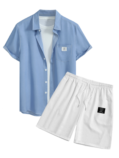 Men's Casual Letter Patch Design Pocket Button Up Short Sleeves Shirt And Drawstring Shorts Set