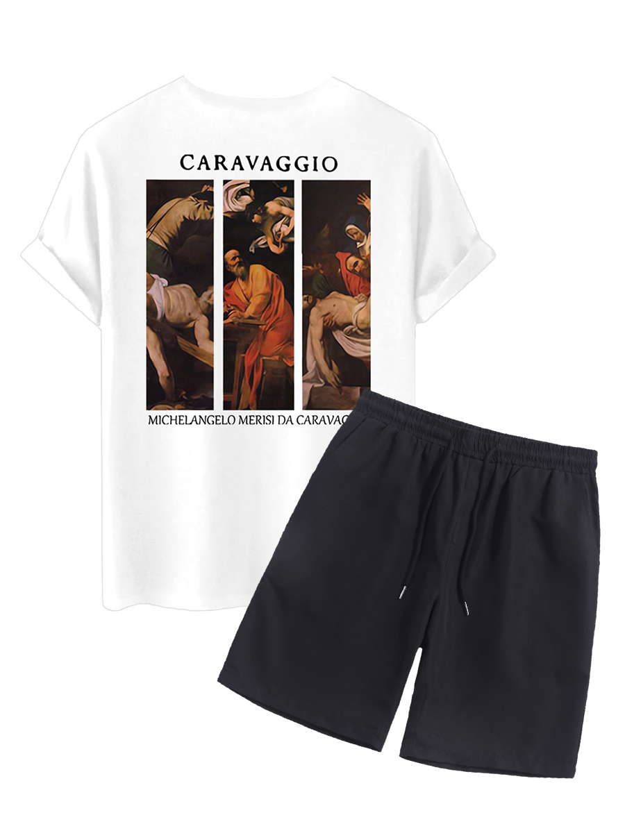 Men's Caravaggio Painting Printed Crew Neck Short Sleeves T-shirt And Drawstring Casual Shorts Set