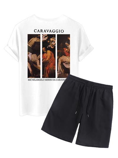 Men's Caravaggio Painting Printed Crew Neck Short Sleeves T-shirt And Drawstring Casual Shorts Set