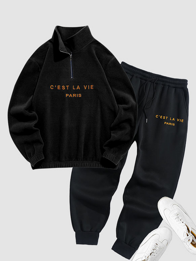 C' EST LA VIE Letter Embroidered Polar Fleece Sweatshirt And Sports Jogger Pants Set