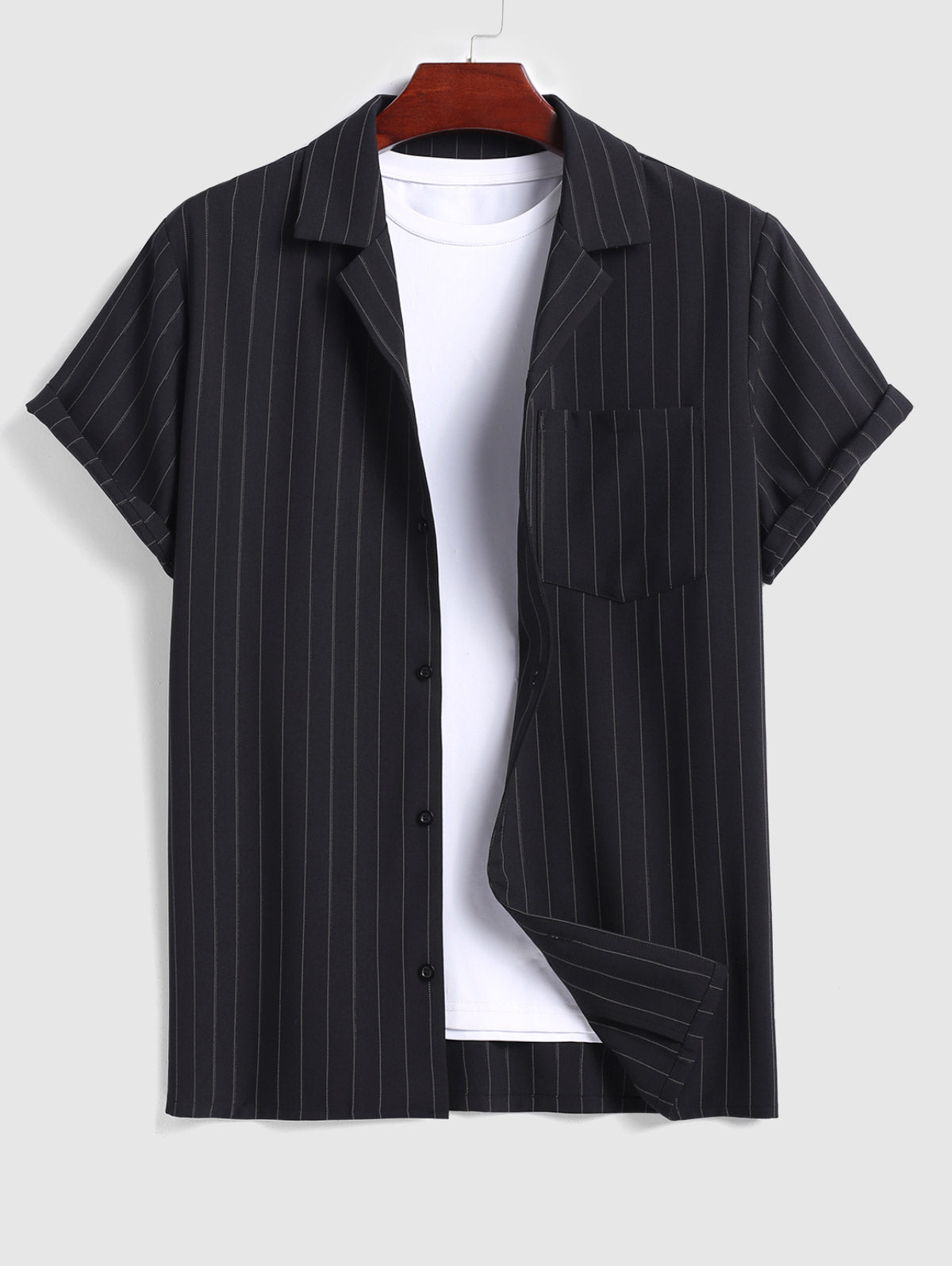 Men's Casual Pinstripe Pocket Design Camp Collar Button Up Short Sleeves Shirt And Drawstring Straight Leg Pants Sets