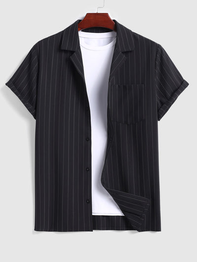 Men's Casual Pinstripe Pocket Design Camp Collar Button Up Short Sleeves Shirt And Drawstring Straight Leg Pants Sets